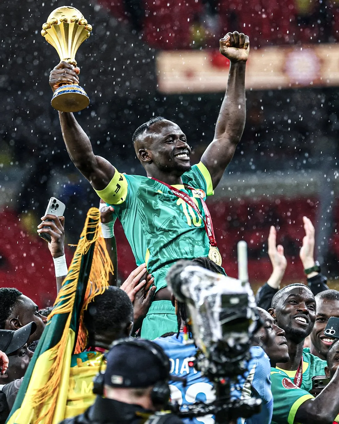 Sadio Mane is lfited by  his teammates after winning AFCON2025 in Morocco. Courtsey Photo